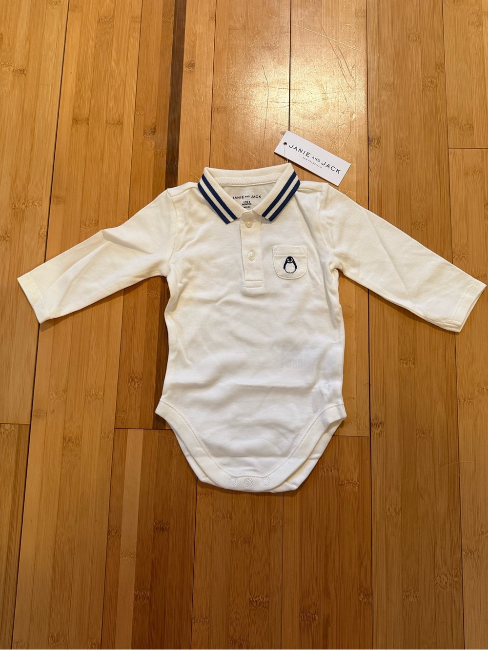 Janie and Jack White Long-Sleeve Polo Bodysuit with Navy Trim